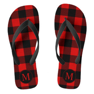 Rood en zwart buffelplaid met monogram teenslippers
