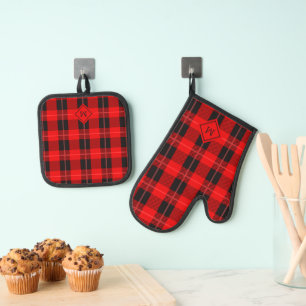Rood en zwart buffeltartanmonogram ovenwant & pannenlap set