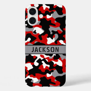 Rood en Zwart Camouflage Gepersonaliseerd iPhone 16 Plus Hoesje