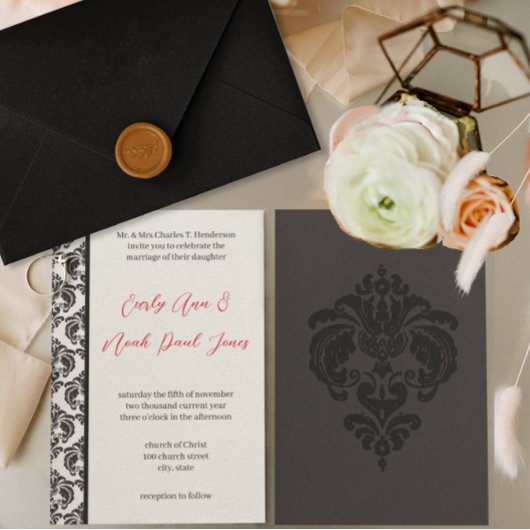  rood en zwart damast bruiloft kaart