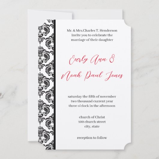  rood en zwart damast bruiloft kaart (Voorkant)