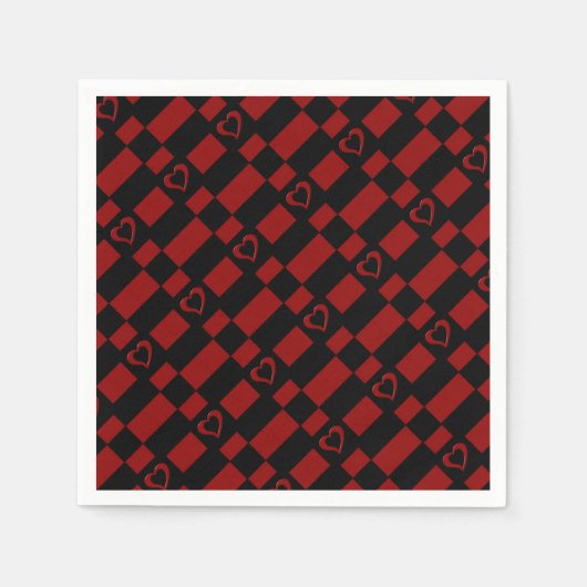 Rood- en zwart-gecheckt hartpatroon Napkins Servetten (Voorkant)