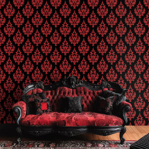Rood en Zwart Gothic Moody Damask Behang