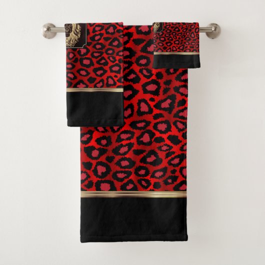 Rood en zwart luipatroon met een leeuwenkop bad handdoek (Insitu)