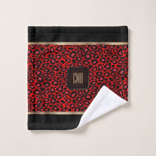 Rood en zwart luipatroon met monogram bad handdoek (Wasdoekje)