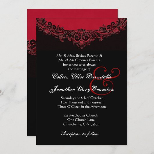 Rood en zwart Monogram Wedding H302 Kaart (Voorkant / Achterkant)