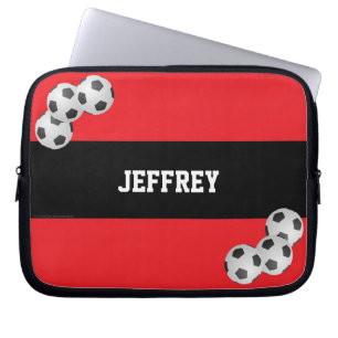 Rood en zwart, naam, computer met Voetbal Laptop Sleeve