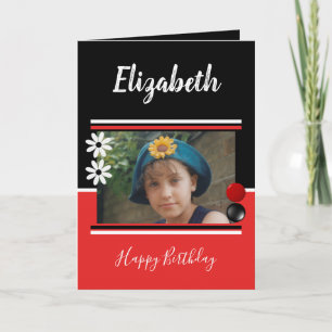 Rood en zwart naam en foto Happy Birthday Kaart