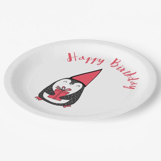 Rood en zwart Penguin Birthday Papieren Bordje (Gekanteld)
