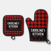 Rood en Zwart Plaid Pattern  Typografie Ovenwant & Pannenlap Set (Voorkant)