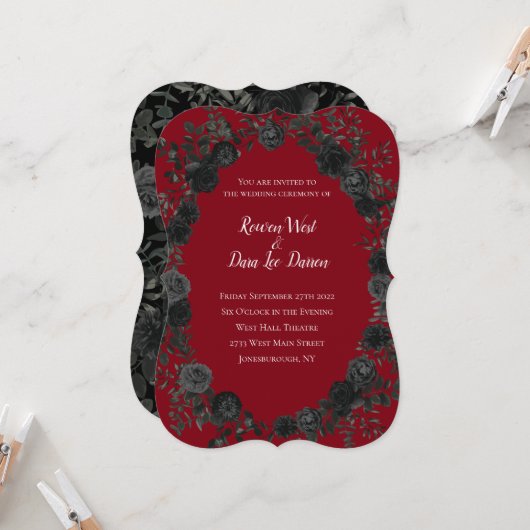 Rood en zwart Roos Gothic Wedding Invitations Kaart (Voorkant / Achterkant in situ)