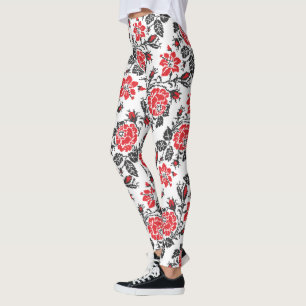 Rood en zwart Roos kruisstikken Russisch Patroon Leggings