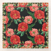 Rood en Zwart  Roos Pattern Glazen Onderzetter (Voorkant)
