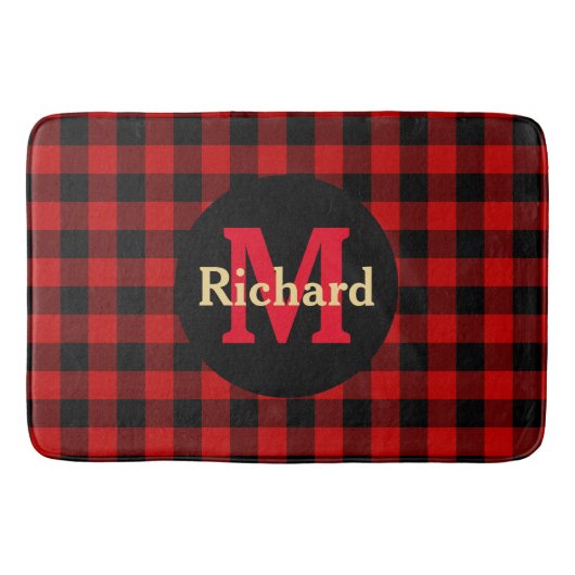 Rood en zwart speldenmonogram en naam badmat (Voorkant)