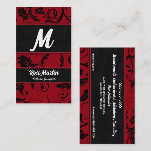 Rood en zwart Swirly Damask Monogram Visitekaartje (Voorkant / Achterkant)