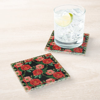 Rood en Zwart Vintage Roos Patroon Glazen Onderzetter