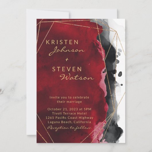 Rood en Zwart Waterverf bruiloft uitnodiging (Voorkant)