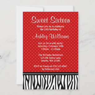 Rood en zwart Zebra Polka Dot Sweet 16 Kaart
