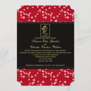 Rood en zwarte Cherry Blossom Wedding Invitation Kaart