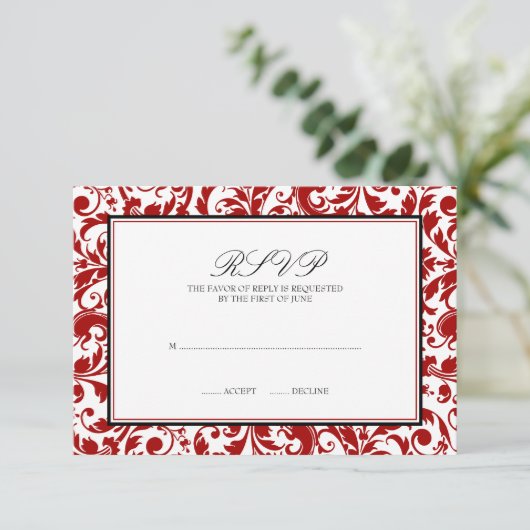 Rood- en zwarte Damask-reiskaart RSVP Kaartje (Staand voorkant)