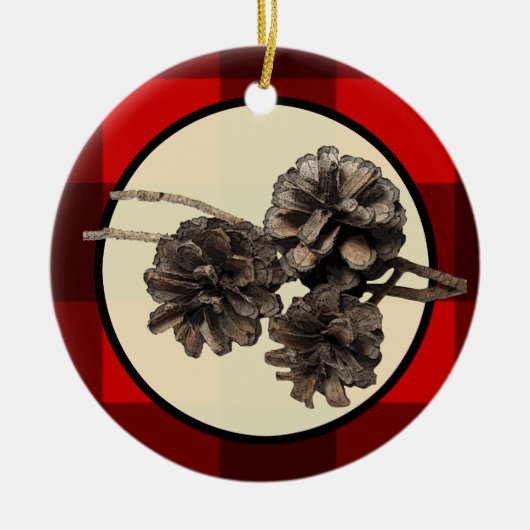 Rood- en zwarte flatpanel en Pinecones kerst Keramisch Ornament (Voorkant)
