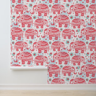 Rood etnisch olifantenpatroon behang