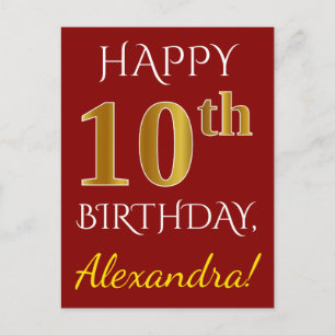 Rood, Faux Gold 10th Birthday + Eigen naam Briefkaart