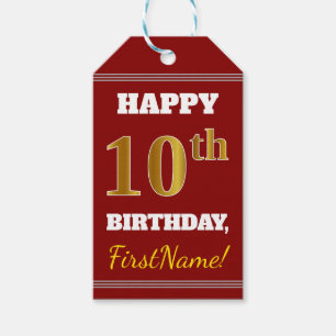 Rood, Faux Gold 10th Birthday + Eigen naam Cadeaulabel