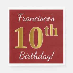 Rood, Faux Gold 10th Birthday + Eigen naam Servet
