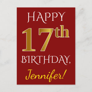 Rood, Faux Gold 17th Birthday + Eigen naam Briefkaart