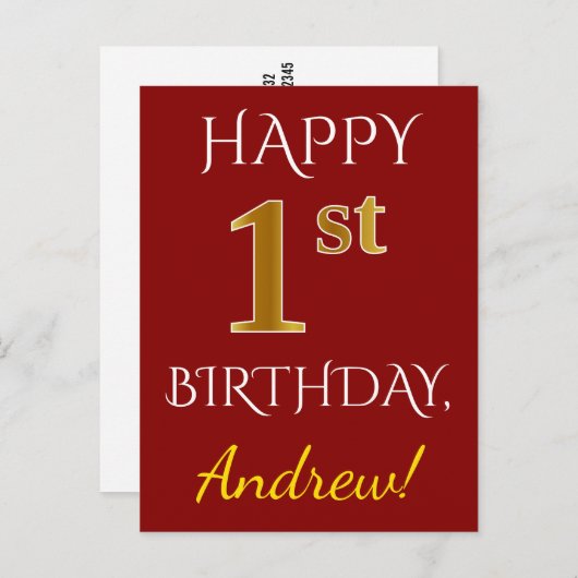 Rood, Faux Gold 1st Birthday + Eigen naam Briefkaa Briefkaart (Voorkant / Achterkant)