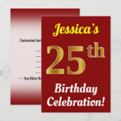 Rood, Faux Gold 25th Birthday Celebration + naam Kaart (Voorkant / Achterkant)
