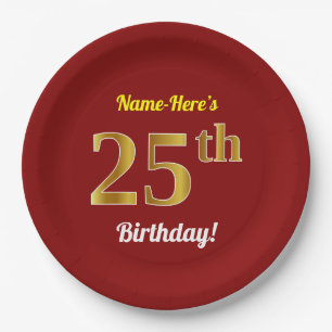Rood, Faux Gold 25th Birthday + Eigen naam Papieren Bordje
