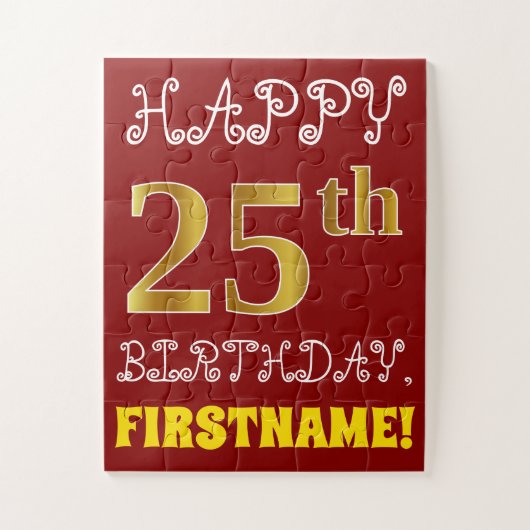 Rood, Faux Gold 25th Birthday + Eigen naam Puzzle Legpuzzel (Verticaal)