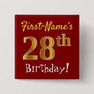 Rood, Faux Gold 28e verjaardag, met aangepaste naa Vierkante Button 5,1 Cm