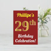 Rood, Faux Gold 29e verjaardag viering + naam Kaart (Staand voorkant)