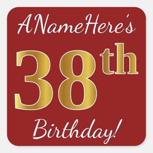 Rood, Faux Gold 38th Birthday + Sticker voor aange (Voorkant)