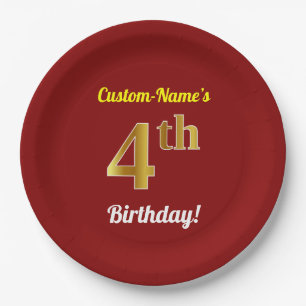 Rood, Faux Gold 4th Birthday + Eigen naam Papieren Bordje