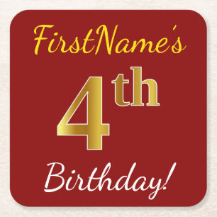 Rood, Faux Gold 4th Birthday + Eigen naam Vierkante Kartonnen Onderzetter