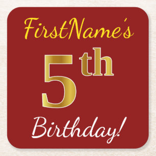 Rood, Faux Gold 5th Birthday + Eigen naam Vierkante Kartonnen Onderzetter