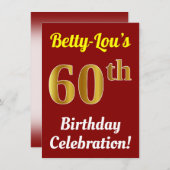 Rood, Faux Gold 60e verjaardag viering + Naam Kaart (Voorkant / Achterkant)