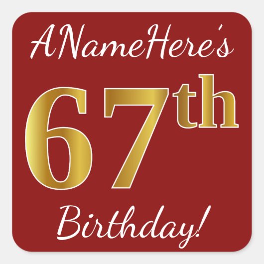 Rood, Faux Gold 67th Birthday + Sticker voor aange (Voorkant)