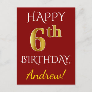 Rood, Faux Gold 6th Birthday + Eigen naam Briefkaa Briefkaart