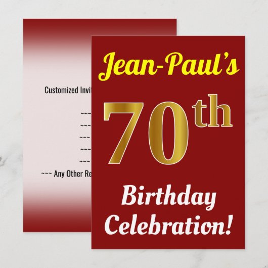 Rood, Faux Gold 70e verjaardag viering + Naam Kaart (Voorkant / Achterkant)