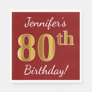 Rood, Faux Gold 80th Birthday + Eigen naam Servetten