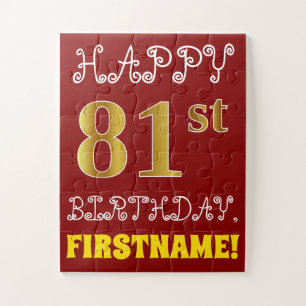 Rood, Faux Gold 81st Birthday + Eigen naam Puzzle Legpuzzel
