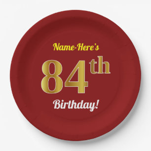 Rood, Faux Gold 84th Birthday + Eigen naam Papieren Bordje