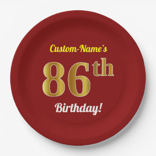 Rood, Faux Gold 86th Birthday + Eigen naam Papieren Bordje