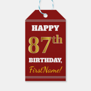 Rood, Faux Gold 87th Birthday + Eigen naam Cadeaulabel