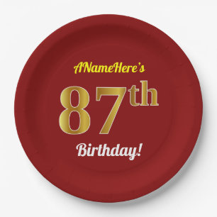 Rood, Faux Gold 87th Birthday + Eigen naam Papieren Bordje